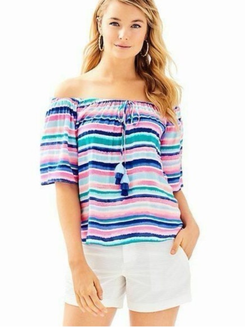 Lilly Pulitzer Sain Top Sandy Shell Stripe Off Shoulder Tassel Blouse S